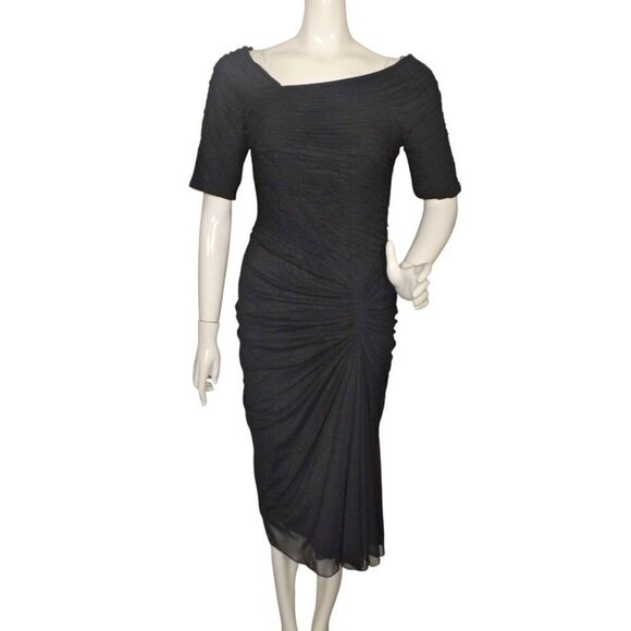 TADASHI SHOJI Cocktail Dress, M, Black Mesh, Ruched, Asym Neckline, Short sleeve - Picture 1 of 14